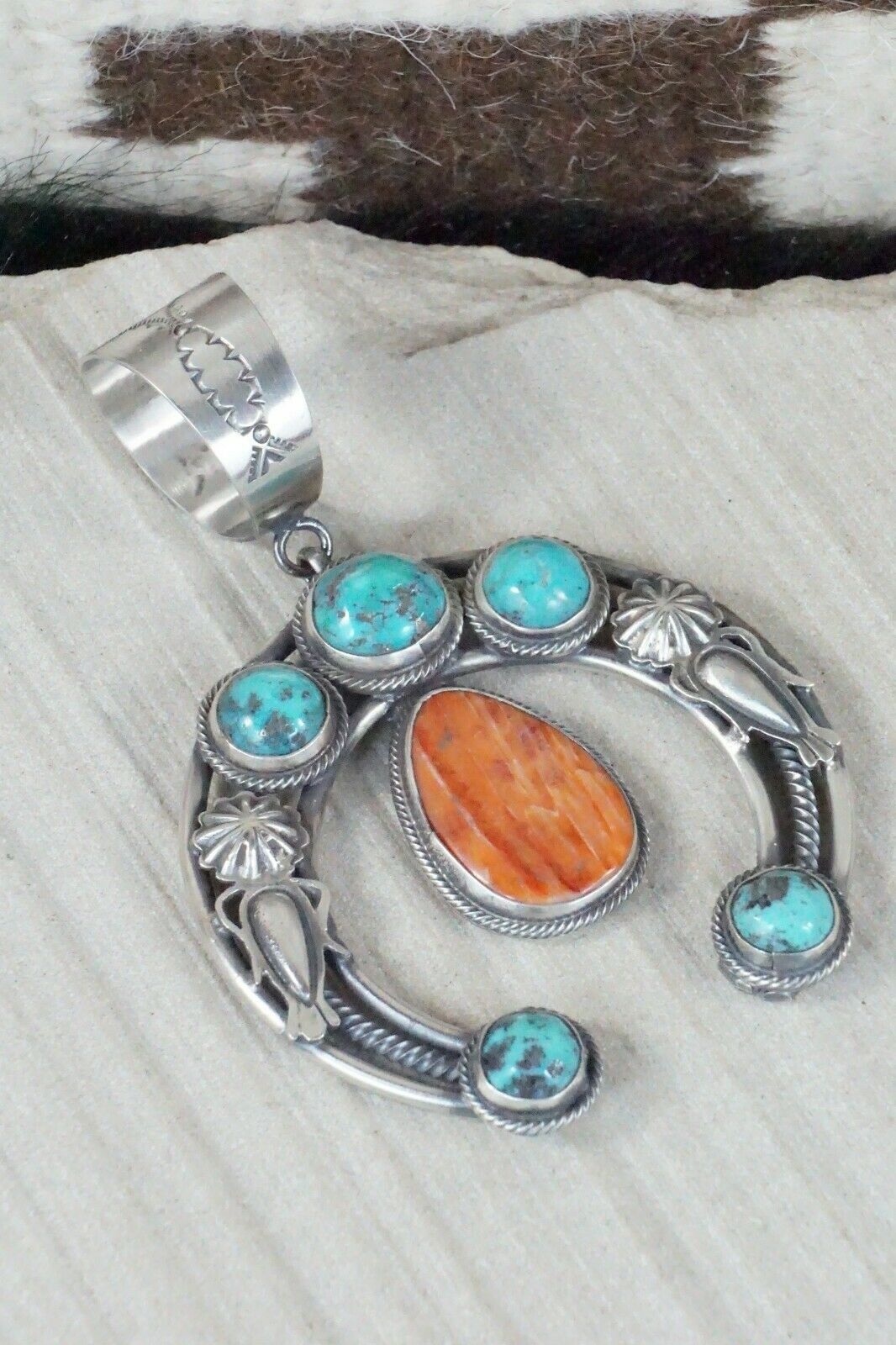 Turquoise, Spiny Oyster & Sterling Silver Naja Pendant Raymond Delgarito