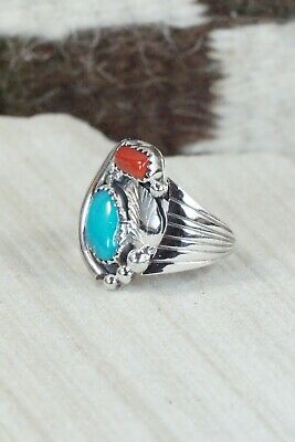 Navajo Turquoise, Coral & Sterling Silver Ring - Jeanette Saunders - Size 9