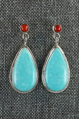 Turquoise, Coral & Sterling Silver Earrings - Judy Largo - Navajo