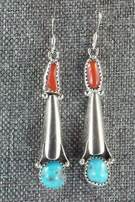 Coral, Turquoise & Sterling Silver Earrings - Roger Pino