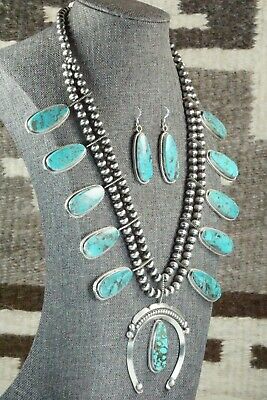 Turquoise & Sterling Silver Squash Blossom and Earrings - Tom Lewis