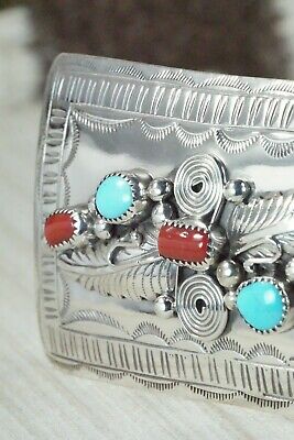 Turquoise, Coral & Sterling Silver Belt Buckle - Wilbur Myers