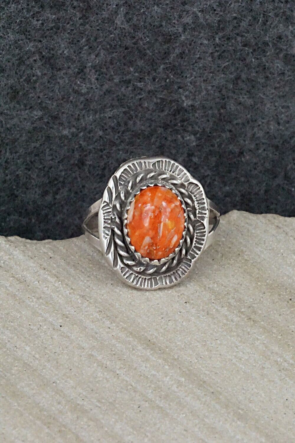 Spiny Oyster & Sterling Silver Ring - Freda Martinez - Size 7