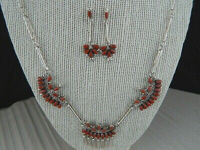 Zuni Coral & Sterling Silver Necklace and Earring Set - Florine Beyuka - Zuni - High Lonesome Trading