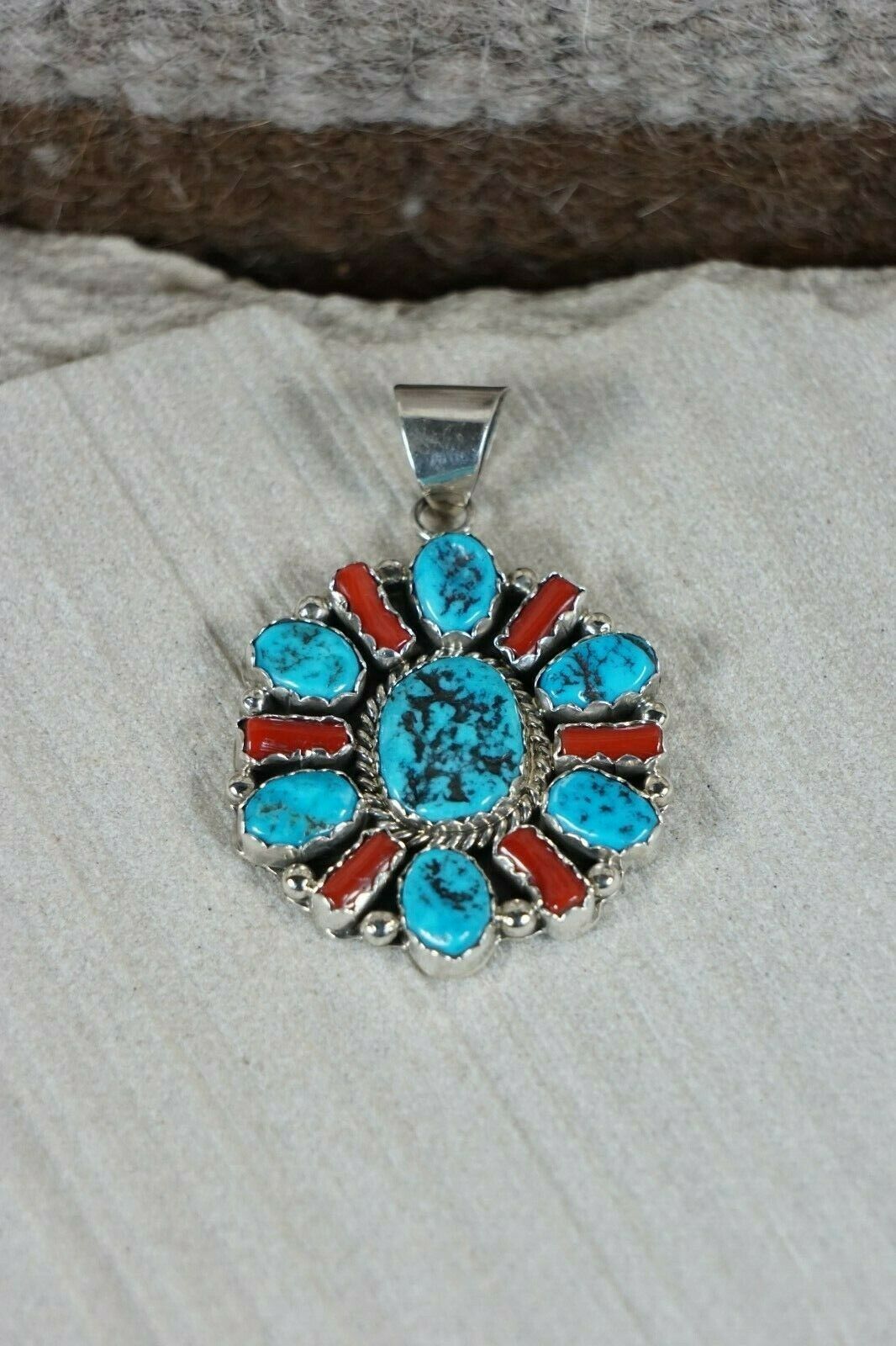 Navajo Turquoise, Coral and Sterling Silver Pendant - Pearlene Spencer - High Lonesome Trading