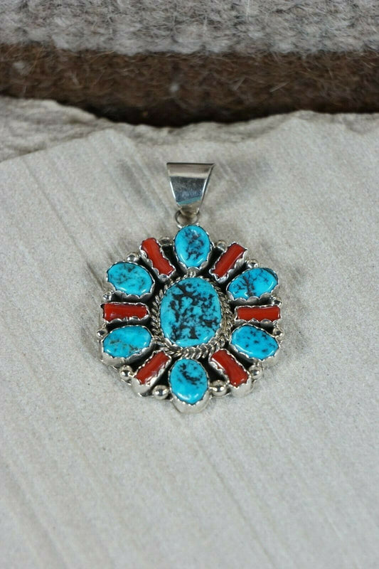 Navajo Turquoise, Coral and Sterling Silver Pendant - Pearlene Spencer - High Lonesome Trading