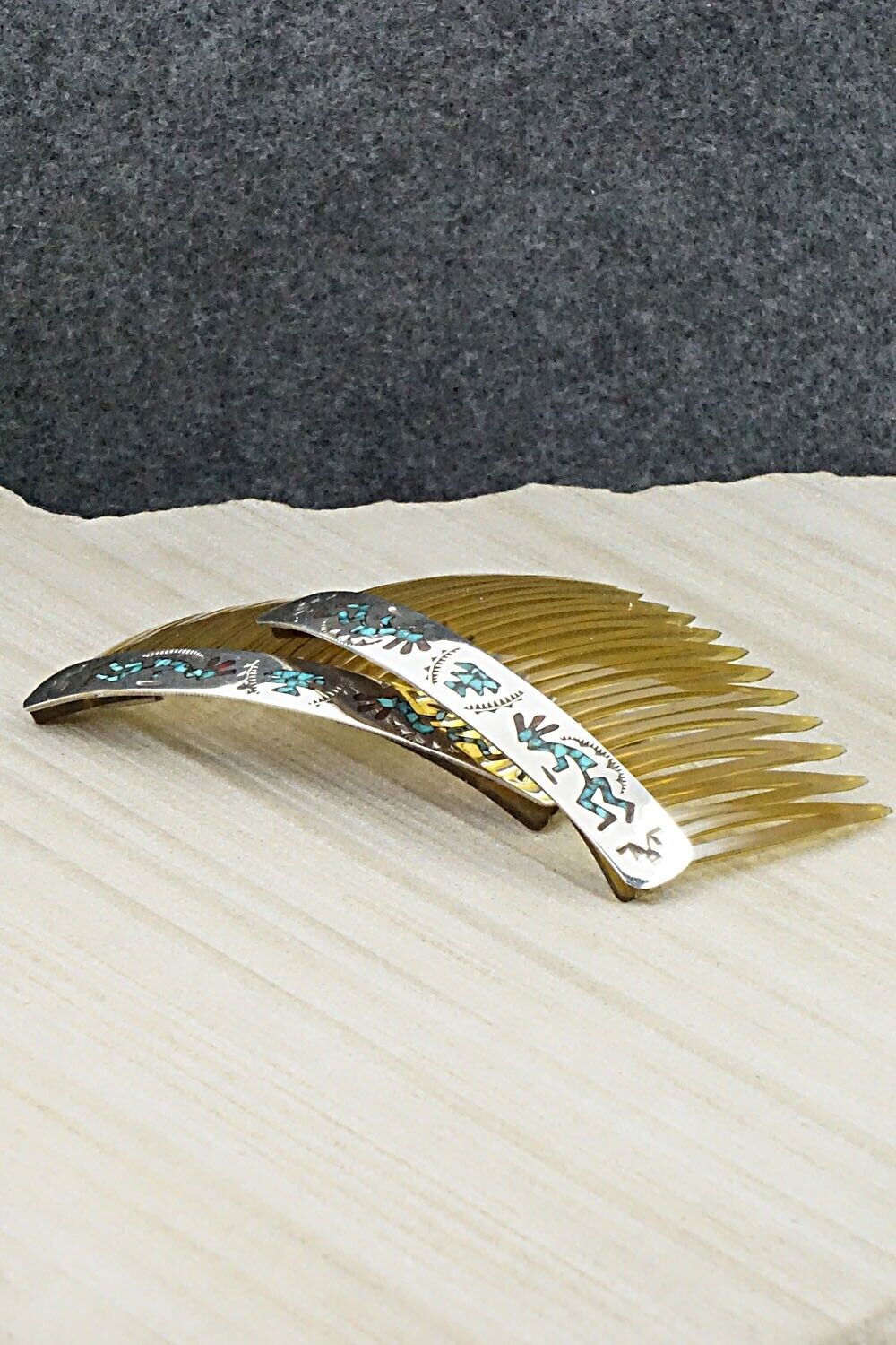 Turquoise, Coral Chip Inlay & Sterling Silver Hair Combs - Joleen Yazzie