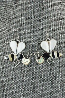 Zuni Mother of Pearl and Onyx Honeybee Sterling Silver Earrings - Angus Ahiyite - High Lonesome Trading