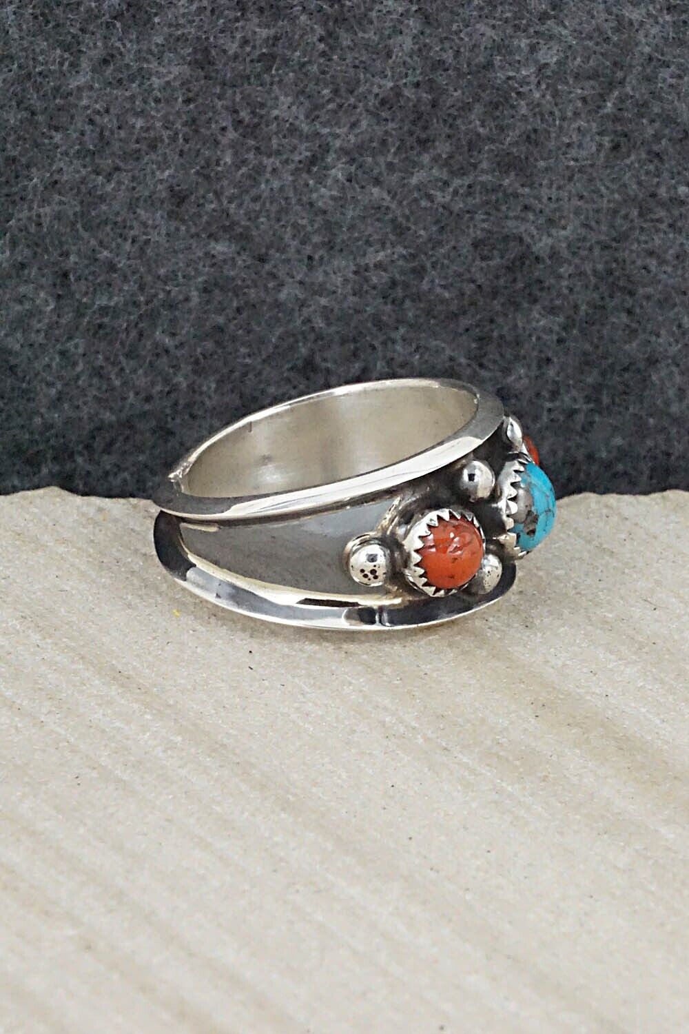 Turquoise, Coral & Sterling Silver Ring - Paul Largo - Size 9.5