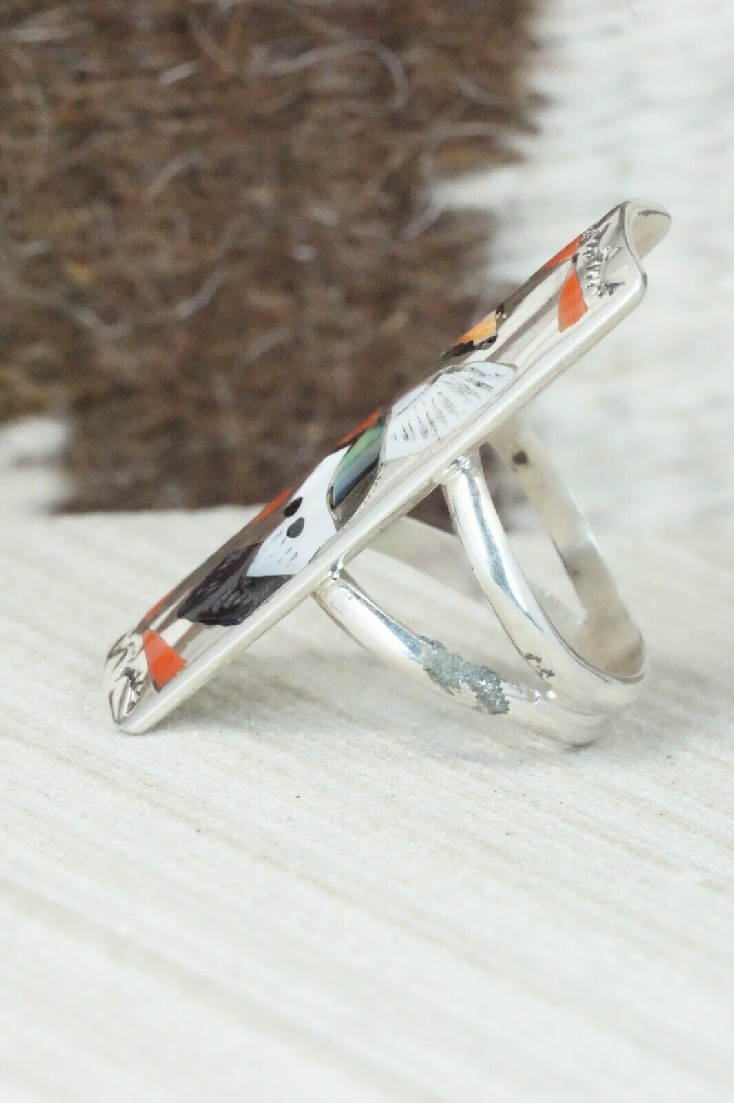 Multi Stone Inlay & Sterling Silver Ring - Quintin Quam Sr - Size 6.75