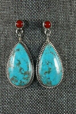 Navajo Turquoise and Coral Sterling Silver Earrings - Judy Largo - High Lonesome Trading
