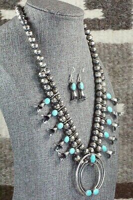 Turquoise & Sterling Silver Squash Blossom and Earrings - Leon Kirlie