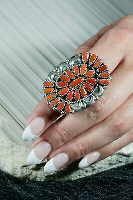 Navajo Coral and Sterling Silver Ring - Justina Wilson - Size 8 - High Lonesome Trading