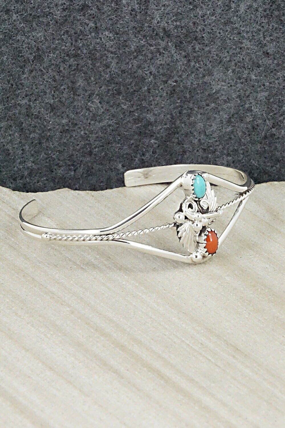 Turquoise, Coral & Sterling Silver Bracelet - William Begay