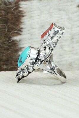 Turquoise, Coral & Sterling Silver Ring - Harry Yazzie - Size 6.5