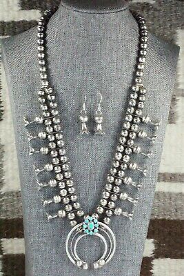 Turquoise & Sterling Silver Squash Blossom and Earrings - Leon Kirlie