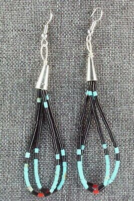 Turquoise, Jet, Coral & Sterling Silver Earrings - Esquipula Tenorio
