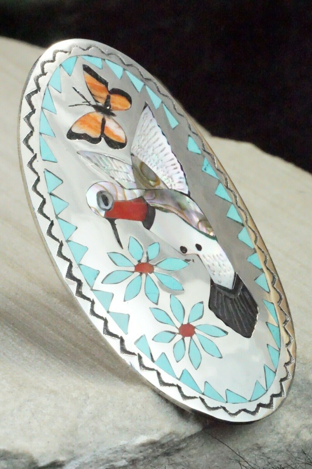 Zuni Inlay Turquoise and Sterling Silver Ring - Quintin Quam - Size 8.75 - High Lonesome Trading