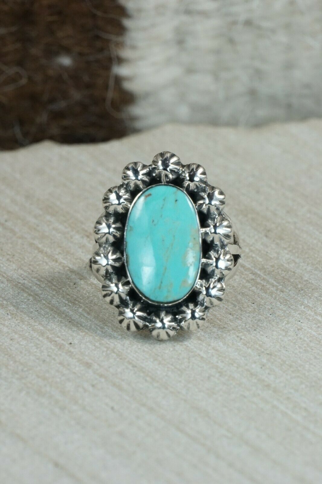 Navajo Turquoise and Sterling Silver Ring - Freida Martinez - Size 8.5