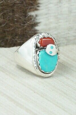 Turquoise, Coral & Sterling Silver Ring - Joy Calabaza - Size 10