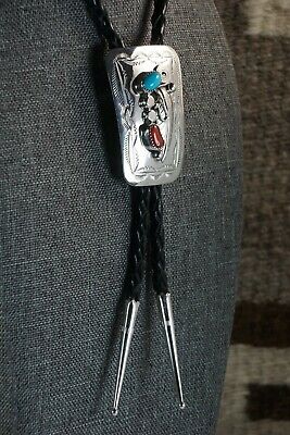 Navajo Turquoise, Coral & Sterling Silver Bolo Tie - Wilbur Myers