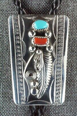Turquoise, Coral & Sterling Silver Bolo Tie - Wilbur Myers