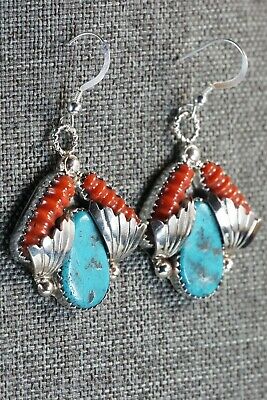 Zuni Turquoise, Coral & Sterling Silver Earrings - Lyolita Tsattie