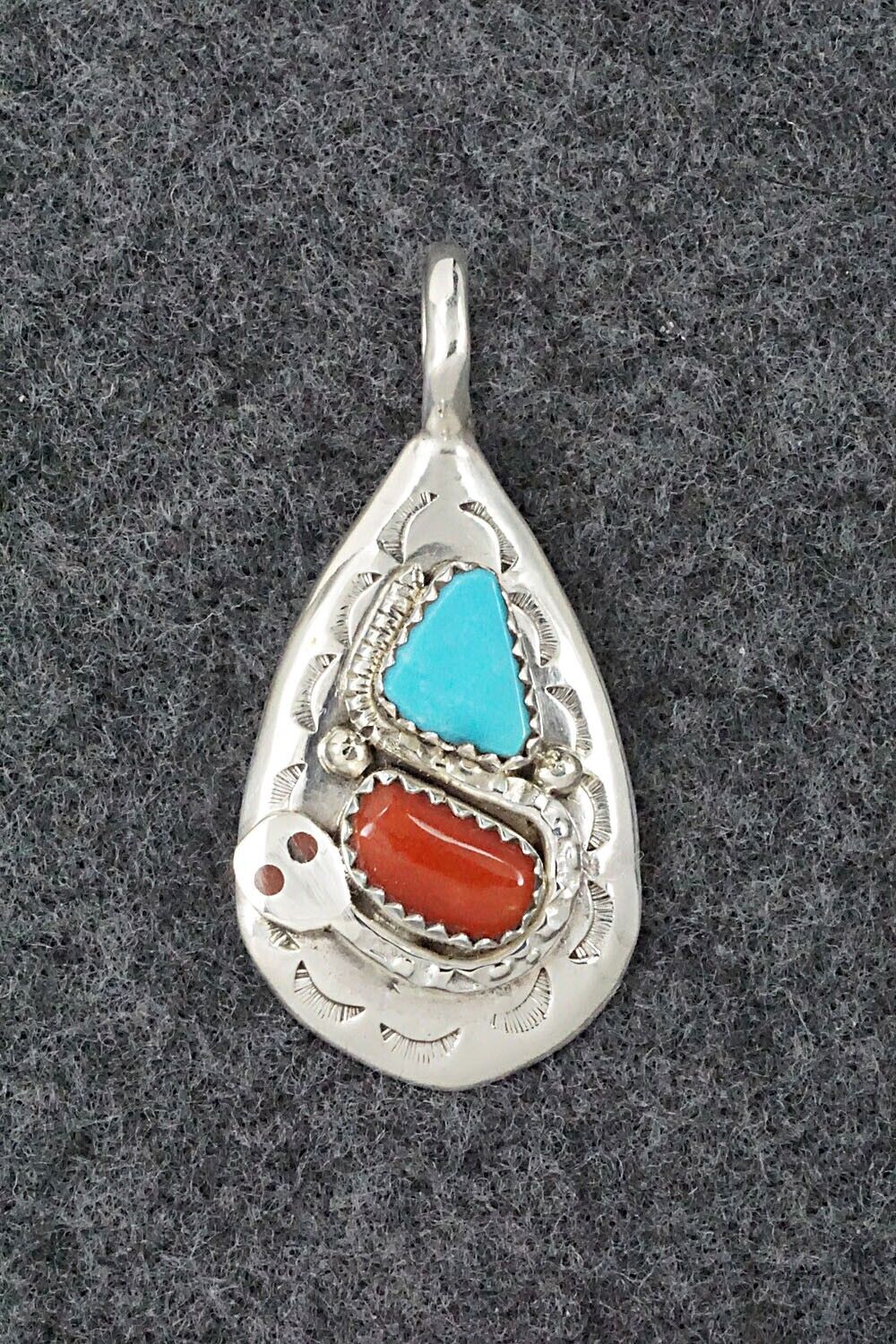 Turquoise, Coral and Sterling Silver Pendant - Joy Calavaza