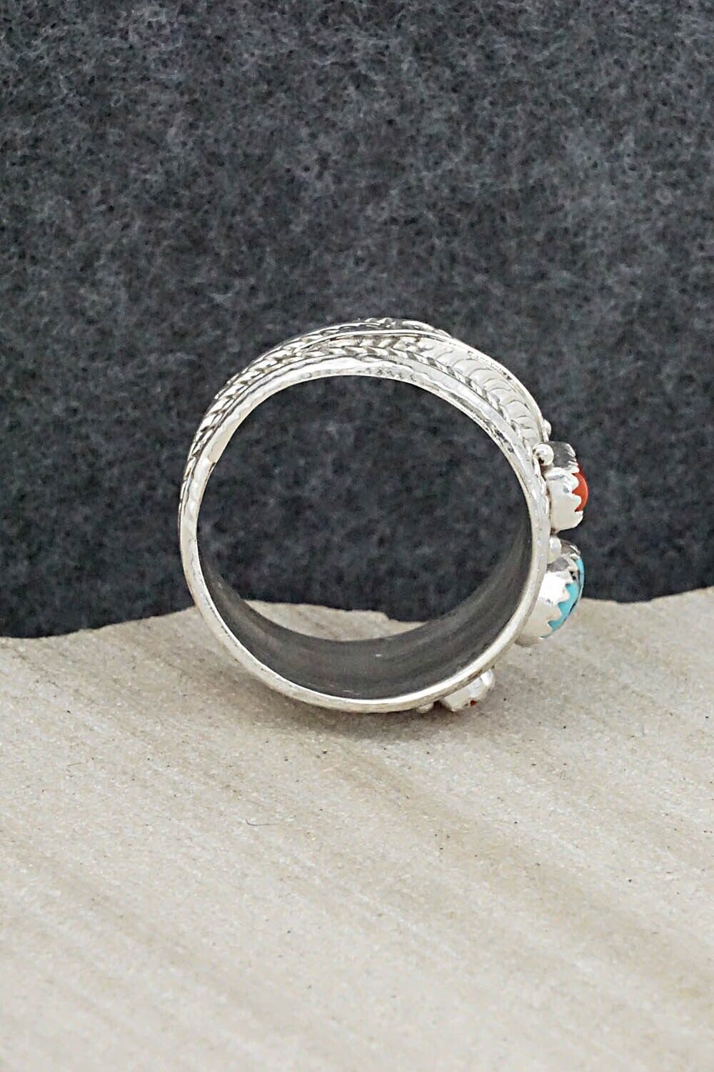 Turquoise, Coral and Sterling Silver Ring - Betty Begay - Size 9.5