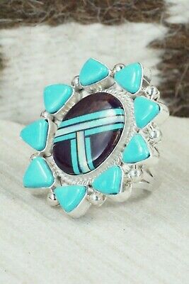 Turquoise, Spiny Oyster & Sterling Silver Ring - Leslie Lamy - Size 7.75