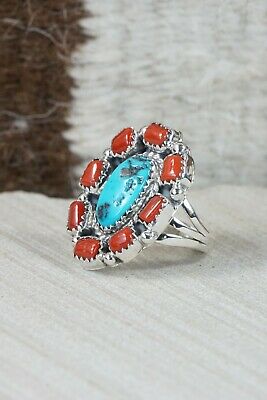 Navajo Turquoise, Coral & Sterling Silver Ring - Roberta Begay - Size 6.5