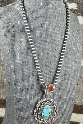 Turquoise, Coral Pendant & Sterling Silver Necklace - Tom Lewis