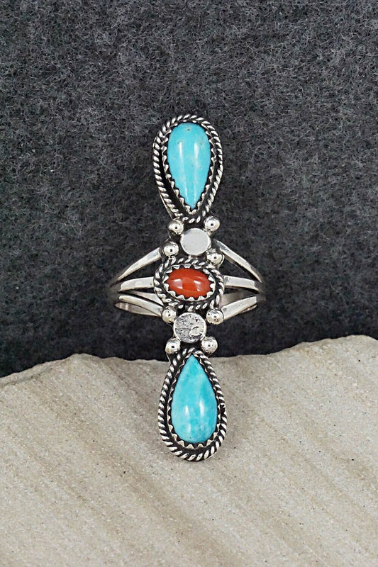 Turquoise, Coral & Sterling Silver Ring - Andrew Vandever - Size 8.5