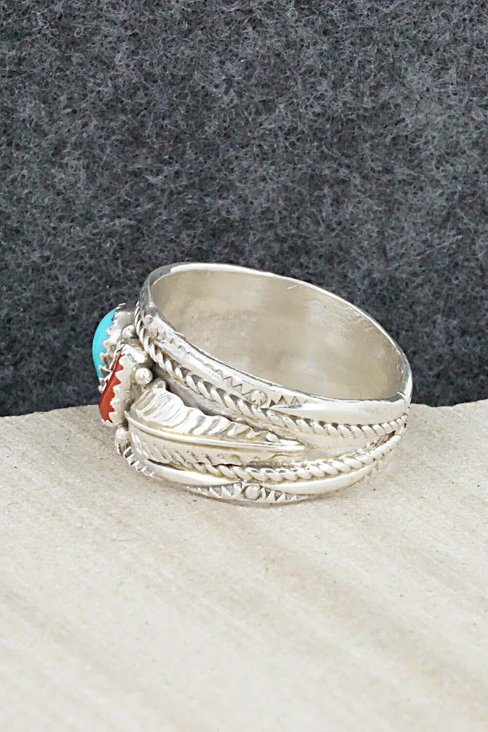 Turquoise, Coral and Sterling Silver Ring - Betty Begay - Size 11.75