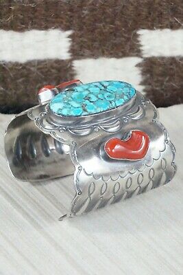 Navajo Turquoise, Coral & Sterling Silver Bracelet - Raymond Delgarito