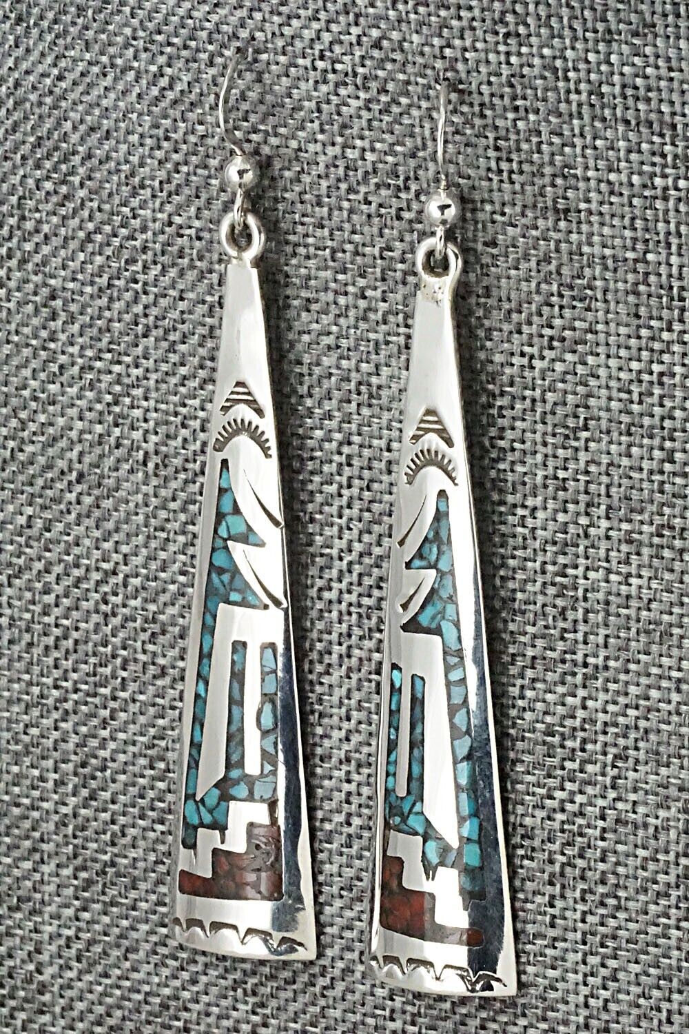 Turquoise, Coral & Sterling Silver Earrings - Jolene Yazzie