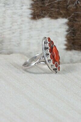 Zuni Coral and Sterling Silver Ring - Nancy Dishta - Size 6.5