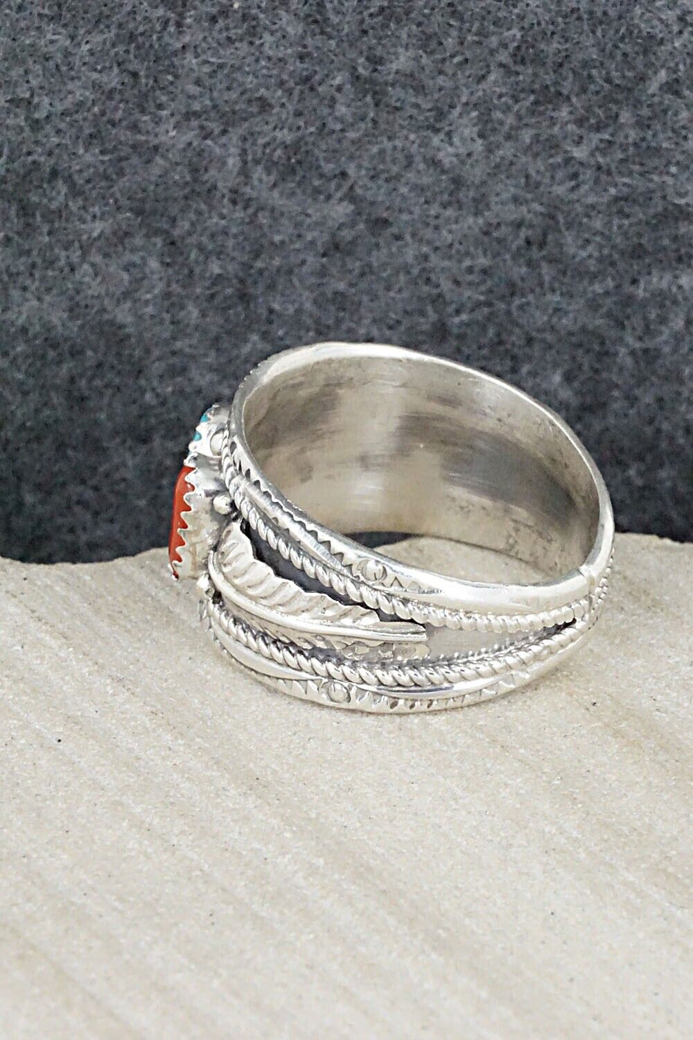 Turquoise, Coral and Sterling Silver Ring - Betty Begay - Size 12