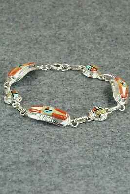 Coral, Mother of Pearl & Sterling Silver Link Bracelet - Patty Edaakie