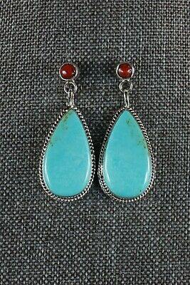 Navajo Turquoise and Coral Sterling Silver Earrings - Judy Largo - High Lonesome Trading