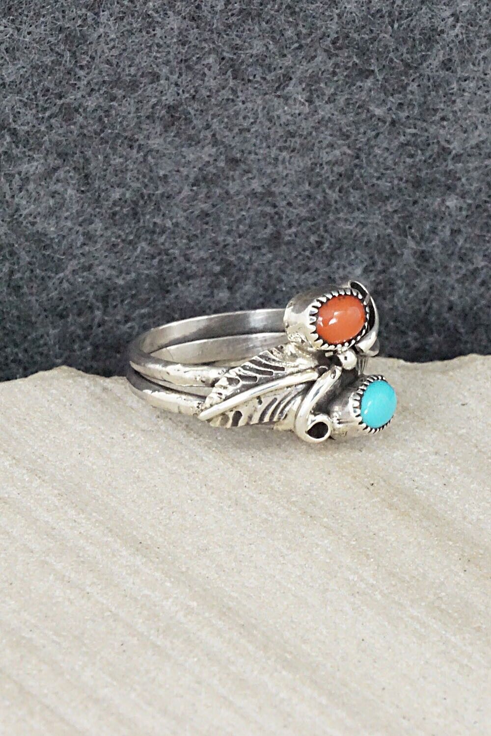 Turquoise, Coral & Sterling Silver Ring - Harry Yazzie - Size 7.5