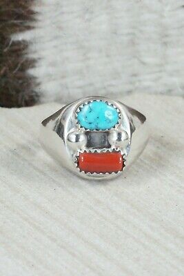 Turquoise, Coral & Sterling Silver Ring - Wilbur Myers - Size 11