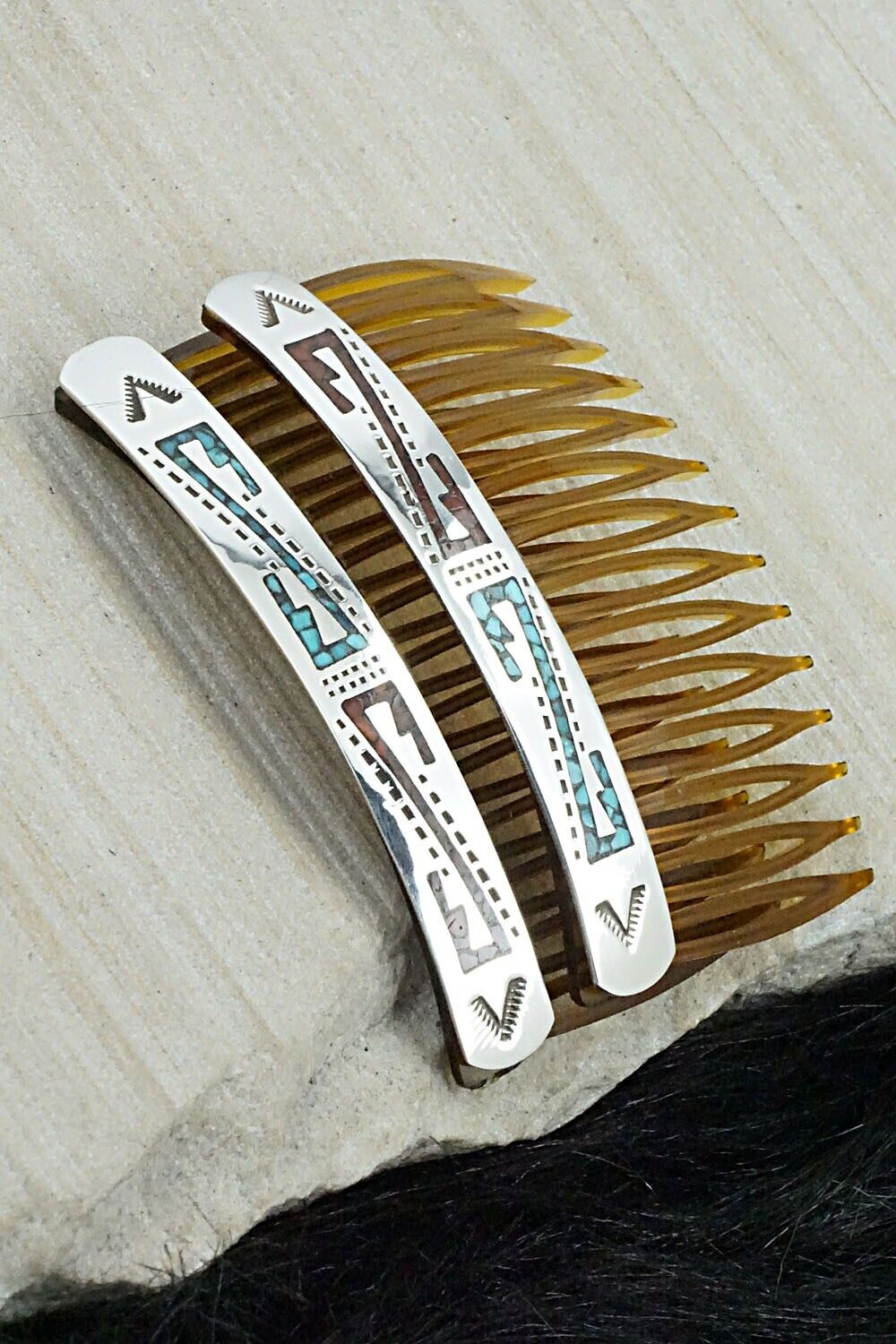 Turquoise, Coral Chip Inlay & Sterling Silver Hair Combs - Joleen Yazzie