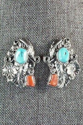 Turquoise, Coral & Sterling Silver Earrings - Harry B Yazzie