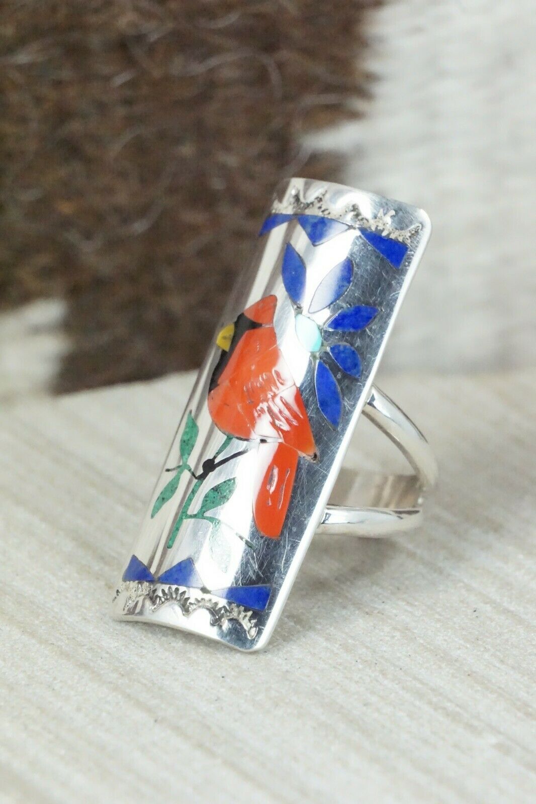 Multi Stone Inlay & Sterling Silver Ring - Quintin Quam Sr - Size 6.75