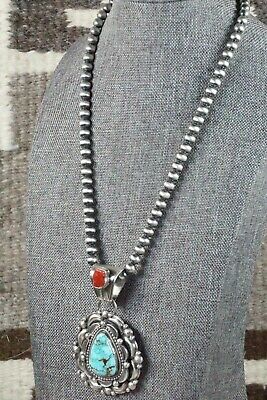 Turquoise, Coral Pendant & Sterling Silver Necklace - Tom Lewis