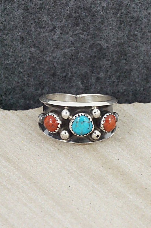 Turquoise, Coral & Sterling Silver Ring - Paul Largo - Size 9