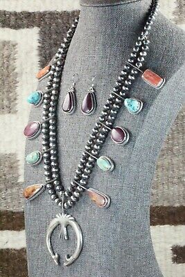 Turquoise, Spiny Oyster & Sterling Silver Squash Blossom Set - Tom Lewis