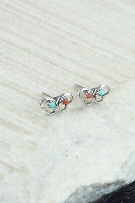 Turquoise, Coral & Sterling Silver Earrings - Dorothy Natachu