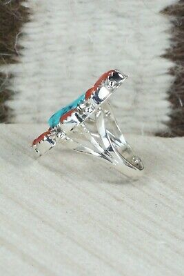 Turquoise & Coral Sterling Silver Ring - Roberta Begay - Size 6.25